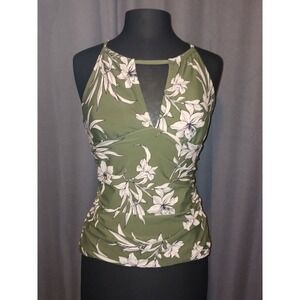 Koralol Floral Tankini‎ Top Halter Ruched Swim Top Green White M